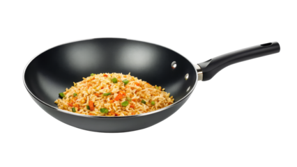 Fried rice with vegetables in a black wok on a transparent background