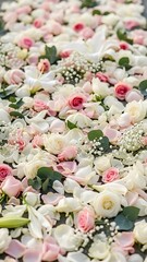 Romantic floral display of pastel roses and lily petals wedding aisle decor