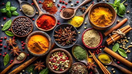Assortment of colorful spices and herbs in wooden bowls and spoons