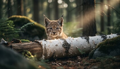 Curious young lynx cub with tufted ears peeks over a fallen birch log in a beautiful sunlit woodland setting with soft bokeh background