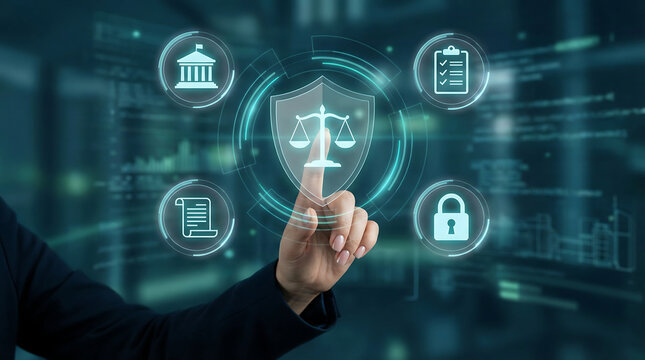 Businessman interacting with futuristic digital legal interface featuring justice scales and security icons for cyber law data protection and artificial intelligence compliance