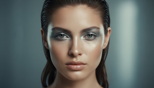 Beautiful young woman with glamorous silver eyeshadow and wet hair looks directly at the camera with a serene expression on a blurred grey background