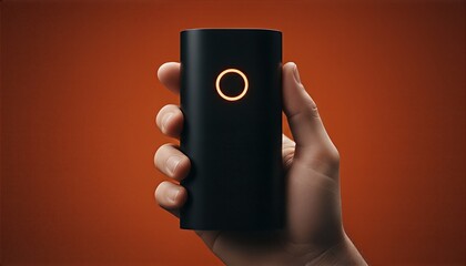 Modern black rectangular electronic device with a glowing orange circular indicator light is held in a hand against a solid orange studio background