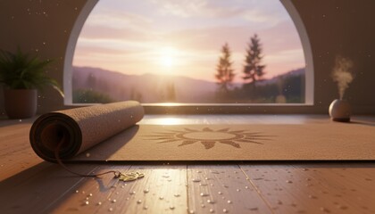 Natural cork yoga mat with a sun symbol lies unrolled on a wooden floor in a tranquil studio with a beautiful sunrise view through an arched window