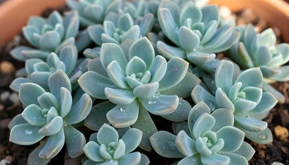 Beautiful cluster of pale blue-green succulents with tiny water drops on their fleshy leaves, showcasing a natural rosette pattern in a terracotta pot with soil