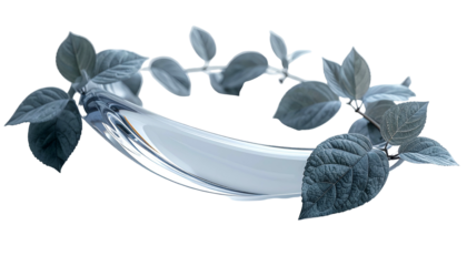 A stylized image of flowing liquid and foliage, framed against black