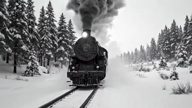 Old steam train chugging through a snowy mountain landscape in winter.