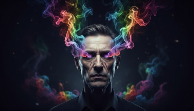 Serious mature man with glowing purple eyes from which colorful rainbow smoke emanates, representing creativity and psychic power on a dark background
