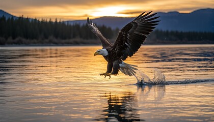 Powerful bald eagle with its wings outstretched flies low over a calm lake, its talons splashing in the water while hunting for prey during a scenic golden hour sunset