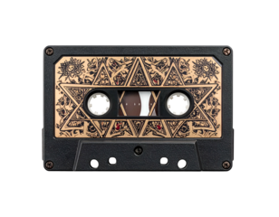 Vintage audio cassette with intricate gold and black geometric design
