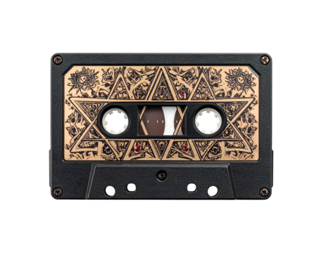 Vintage audio cassette with intricate gold and black geometric design - Powered by Adobe
