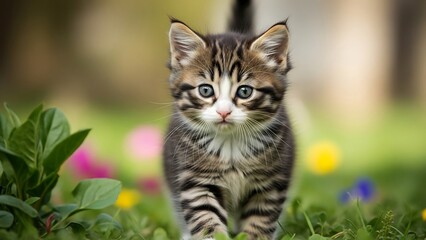 Cute little tabby kitten outdoors.