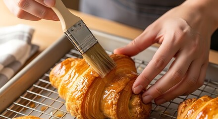 Brushing freshly baked croissant with glaze for golden hue and rich flavor
