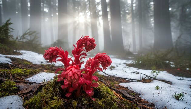 Vibrant red parasitic plant with water droplets emerges from the snowy forest floor with magical sunbeams filtering through the misty, atmospheric woods