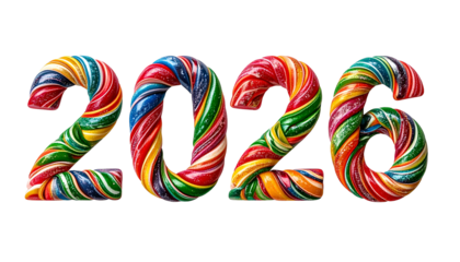 2026 is shown as colorful, swirled candy numbers against black