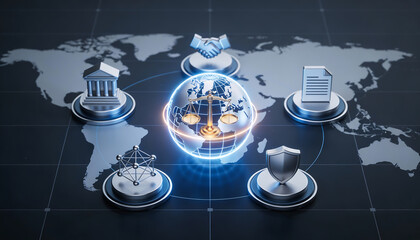 cinematic 3d illustration of global legal technology with golden scales of justice over digital earth globe surrounded by law icons for international justice and cyber security