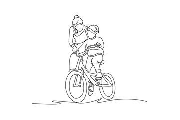 Fototapeta premium Single continuous line drawing mother and child riding together on bike, emphasizing shared adventure, physical closeness, exploring outdoor as family. One line draw graphic design vector illustration