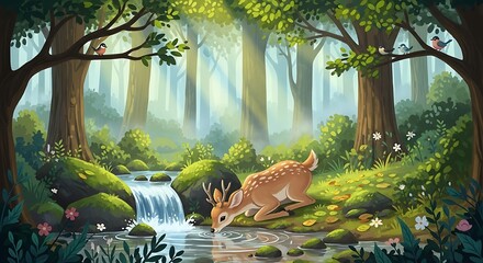 A serene forest scene with fawn.