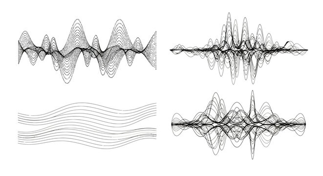 Visual representation of sound waves and audio signal patterns in monochrome