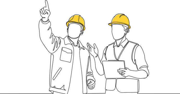 Continuous line art illustration of professional construction engineers wearing yellow hard hats and safety vests reviewing project blueprints, isolated design. - Powered by Adobe