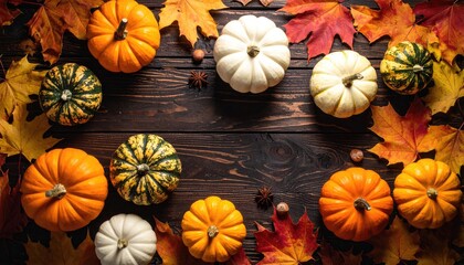 Autumn pumpkins and leaves on dark wood (1)