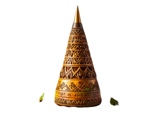 A golden, ornate conical object with intricate carvings, isolated