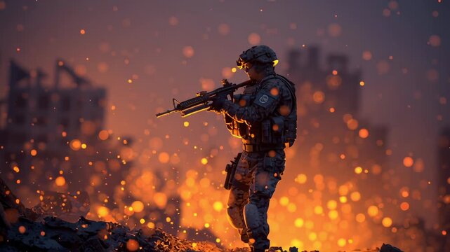 Soldier in a combat zone, crouching amid urban ruins and glowing sparks, experiencing intense warfare and military conflict on a dangerous battlefield at night
