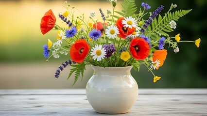 Vibrant Wildflower Arrangement in a Ceramic Vase on a Wooden Surface