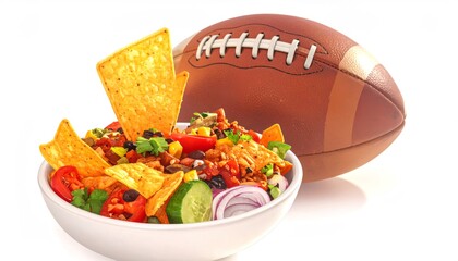 A bowl of colorful nachos next to an American football, perfect for a sports party or game day snack.