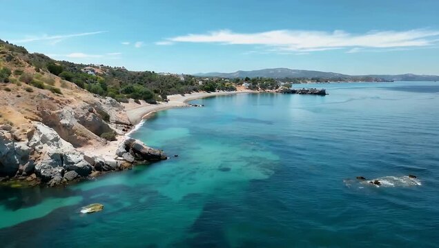 Professional 4K drone footage of calm glassy waters along the Greek coastline recorded with neutral tones wide framing ideal cinematic color grading post 