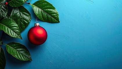 Red Christmas ornament hangs among vibrant green leaves against a textured, teal background
