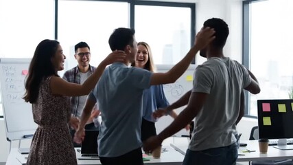 A professional team of smiling businesspeople and executives engages in a successful meeting and presentation within a modern office conference room