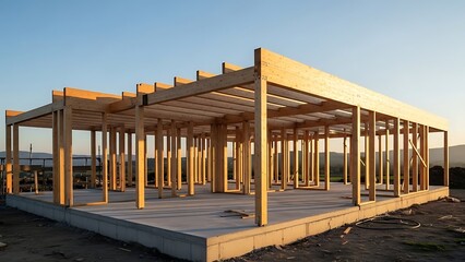Wooden frame construction standing prominently against a clear sky backdrop