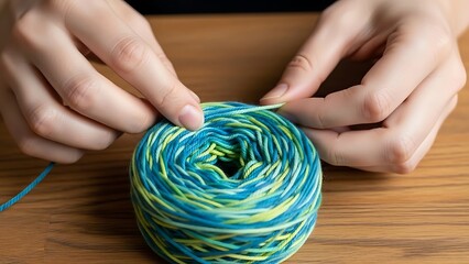Woman's Hands Working with a Vibrant Teal and Yellow Yarn Ball
