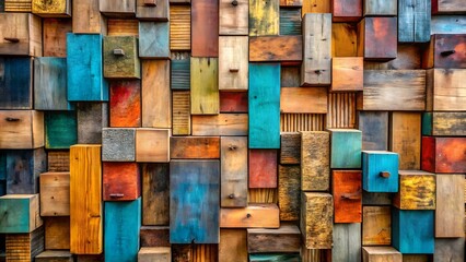 Colorful abstract wall art made of aged, weathered wood blocks