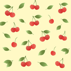 さくらんぼの北欧風パターン（イエロー）ー やわらかなイエローに赤いさくらんぼを散りばめた北欧ミニマルパターン。デザインペーパー、マスキングテープ、マスキングシールブック、フレークシール、クリアファイル、手帳デコ素材、ノート表紙、ハンカチ、ミニタオル、箸、マグカップ、皿、キッチンクロス、キッチン雑貨、ポーチ等に最適。