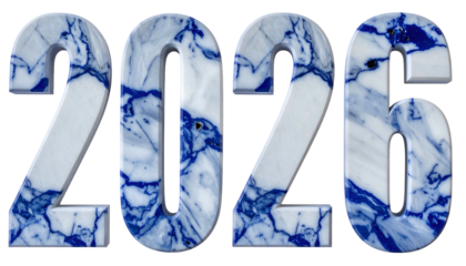 Textured 3D "2026" digits with a blue marble effect
