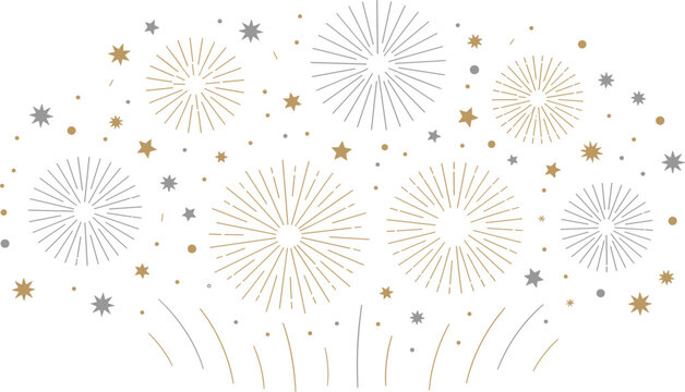Elegant gold and silver firework display with hand drawn starbursts and festive sparkles