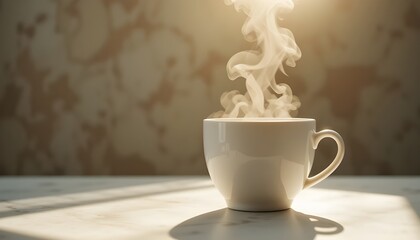 Fresh morning coffee cup with steam, cozy light, soft shadows, clean background, stock photo
