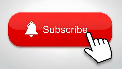 Red subscribe button with a notification bell icon and a hand cursor clicking on it, representing user engagement and online content subscription services