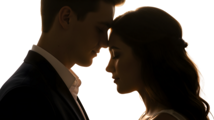 Silhouetted portrait of a man and woman embracing, faces touching, suggesting intimacy and affection, romantic moment