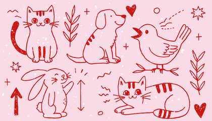 Cute animals doodle set with cat, dog, bird, rabbit