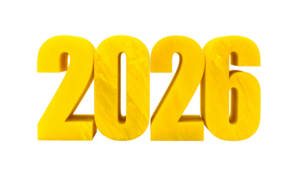 Bold, golden 3D digits reading "2026" on a black background