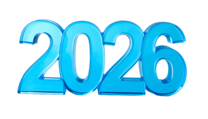 Blue, glossy 2026 numerals on a black background