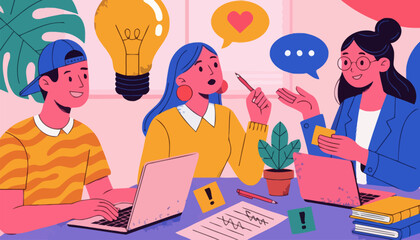 Diverse team collaborating on creative project with laptops and notes