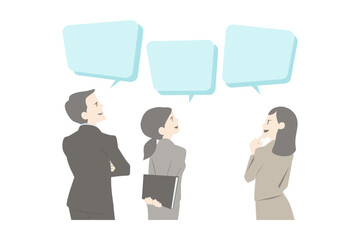 仕事について相談・議論する若いスーツの男女と吹き出しのイラストセット