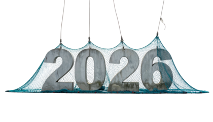 Four large metal numbers 2026 suspended in a fishing net against black