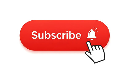 Modern red subscribe button featuring a notification bell and a hand cursor, designed as an essential online call to action for content subscriptions and digital alerts