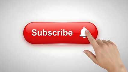 A user's finger presses a red button labeled "Subscribe" with a bell icon, symbolizing engagement and notification preferences for online content and digital services