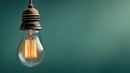 Vintage Style Tungsten Filament Light Bulb Close-up on Green Background